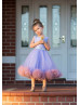 Lavender Satin Pom Pom Tulle Flower Girl Dress